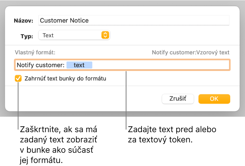 Okno vlastného formátu bunky s ovládacími prvkami na výber vlastného formátovania textu.