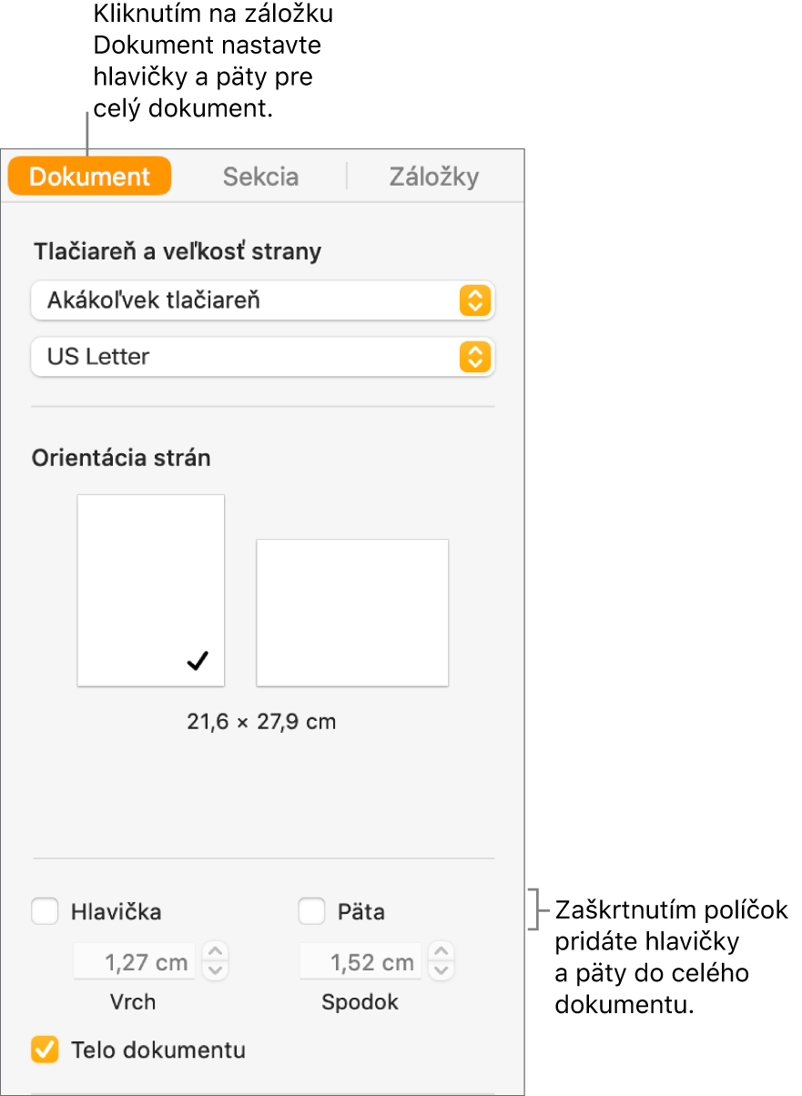 Postranný panel Dokument s označenou záložkou Dokument v hornej časti postranného panela. Pod zaškrtávacími políčkami Hlavička a Päta sa nachádzajú šípky na zmenu vzdialenosti hlavičiek a piat od hornej a dolnej časti strany.