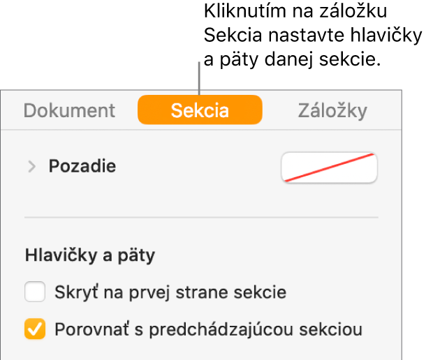 Postranný panel Dokument s označenou záložkou Sekcia v hornej časti postranného panela. Sekcia Hlavičky a Päty na postrannom paneli má zaškrtávacie políčka vedľa položiek Skryť na prvej strane sekcie a Zjednotiť s predošlou sekciou.