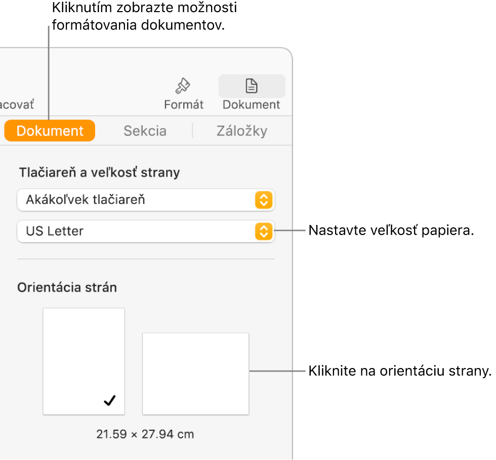 Postranný panel Dokument s označenou záložkou Dokument v hornej časti postranného panela. Na postrannom paneli sa nachádza vyskakovacie menu na nastavenie veľkosti papiera a tlačidlá na nastavenie orientácie strany na výšku alebo na šírku.