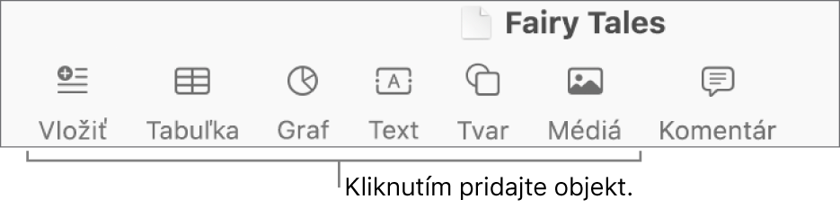 Panel s nástrojmi s tlačidlami na pridávanie tabuliek, grafov, textu, tvarov a médií.