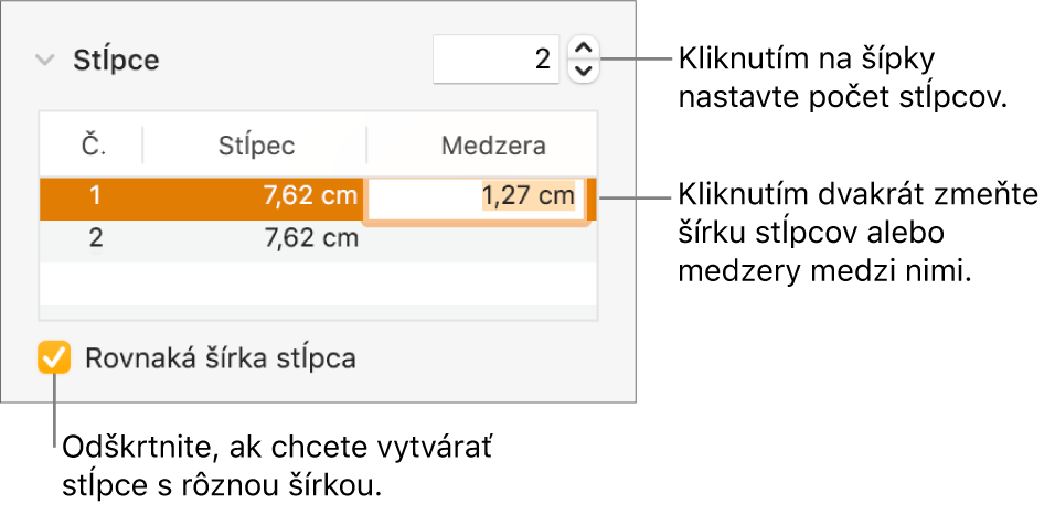 Panel Rozloženie v inšpektorovi formátov so zobrazením ovládacích prvkov stĺpcov.