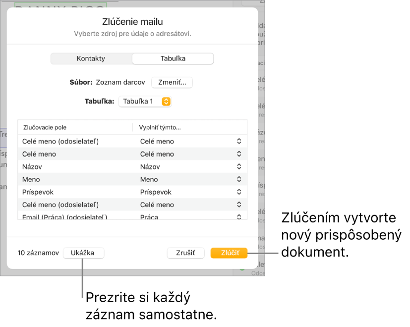 Panel Zlučovacie polia je otvorený s možnosťami na zmenu zdrojového súboru alebo tabuľky, ukážku názvov zlučovacích polí alebo jednotlivých záznamov, alebo na zlúčenie dokumentu.