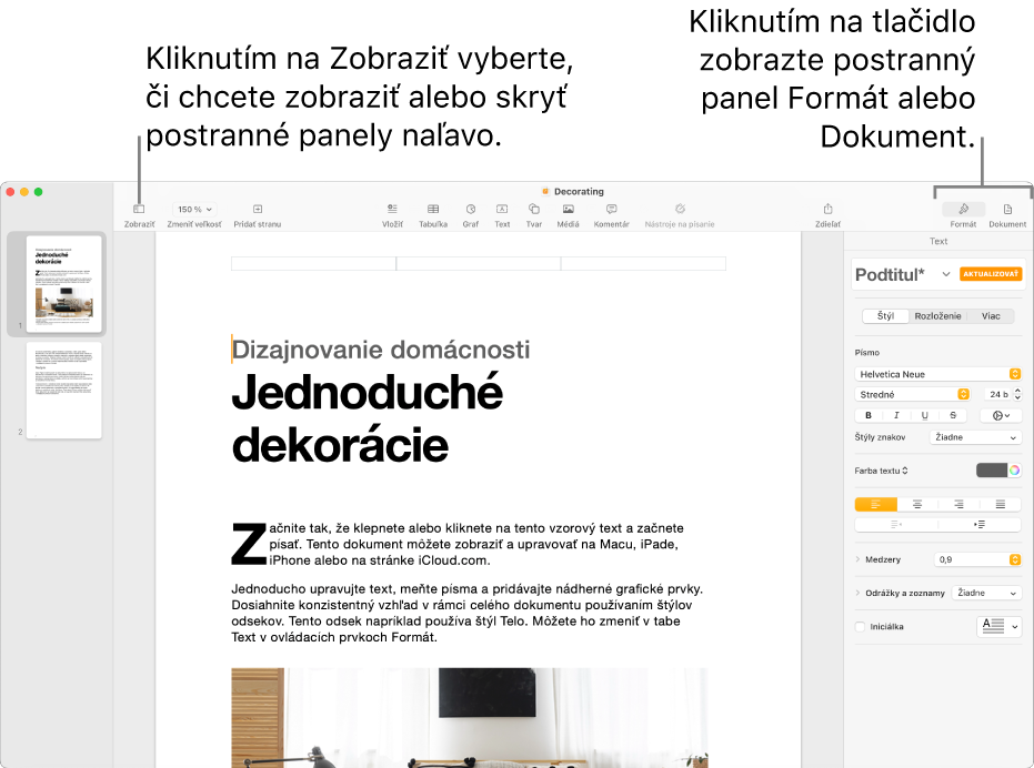 Okno Pages s textovými bublinami na tlačidle menu Zobraziť a tlačidlách Formát a Dokument na paneli s nástrojmi. Postranné panely sú otvorené na ľavej a pravej strane.