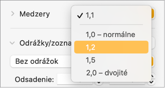 Vyskakovacie menu Medzery s možnosťami Jednoduché, Dvojité a ďalšími možnosťami.