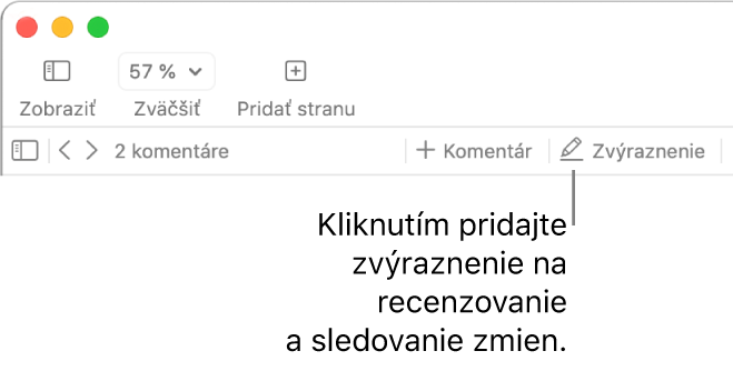 Lišta znázorňujúca menu Vložiť a pod ňou panel s nástrojmi Pages s nástrojmi revízie a bublinou pre tlačidlo Zvýrazniť.