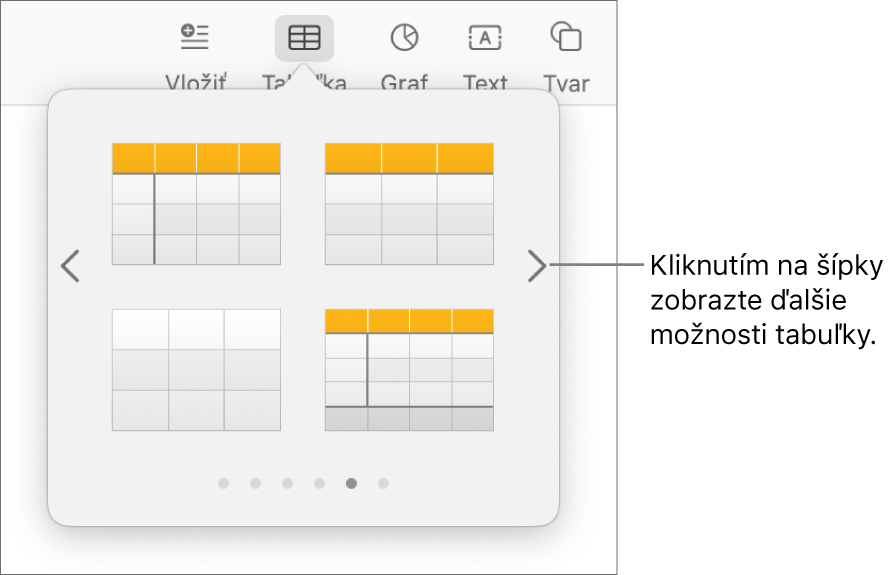 Menu Pridajte tabuľku s navigačnými šípkami.