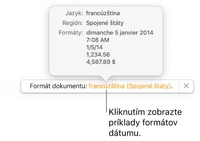 Hlásenie o inom jazyku a nastavení regiónu zobrazujúce príklady formátovania v danom jazyku a regióne.