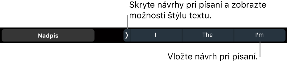 Touch Bar na MacBooku Pro s ovládacími prvkami na výber štýlu textu, skrytie návrhov pri písaní a vkladanie návrhov pri písaní.