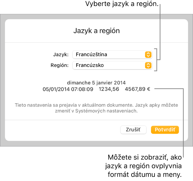 Panel Jazyk a región s ovládacími prvkami pre jazyk a región a príklad formátu dátumu, času, desatinného znaku a meny.