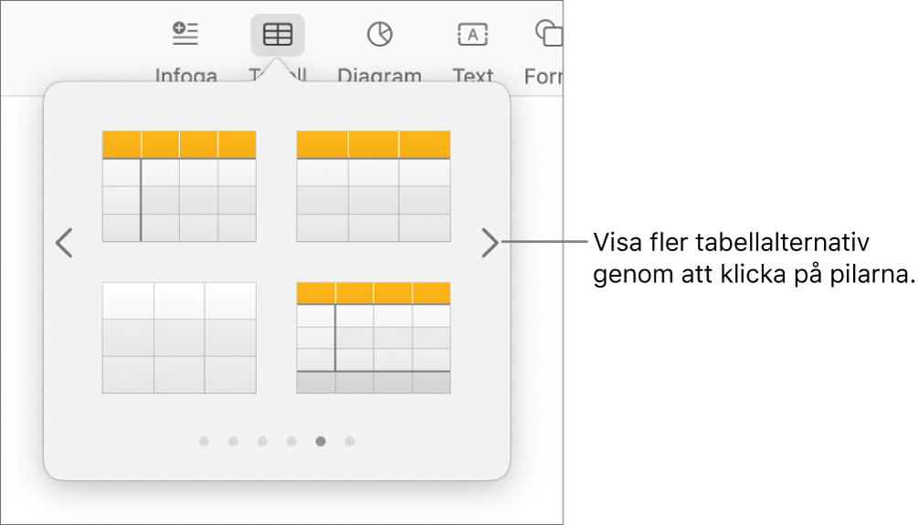 Menyn Lägg till tabell med navigeringspilar.