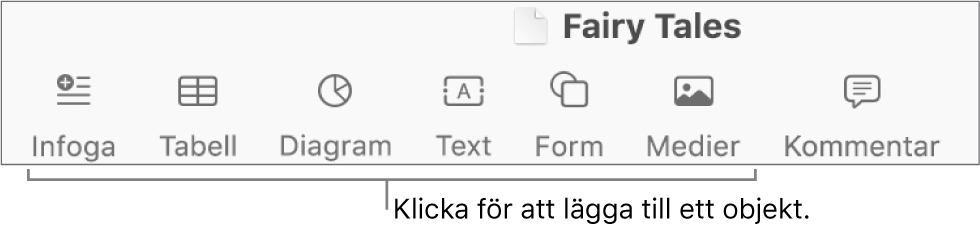 Verktygsfältet med knappar för att lägga till tabeller, diagram, text, former och medier.