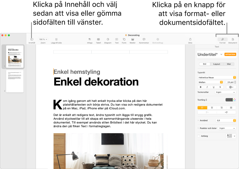 Pages-fönstret med linjer som pekar på menyknappen Innehåll och knapparna Format och Dokument i verktygsfältet. Sidofält är öppna till vänster och till höger.