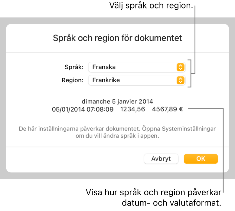 Panelen Språk och region med reglage för språk och region samt ett formatexempel med datum, tid, decimal och valuta.