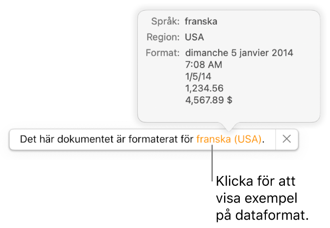 Meddelandet om olika språk- och regioninställningar samt exempel på formatering för det andra språket och den andra regionen.