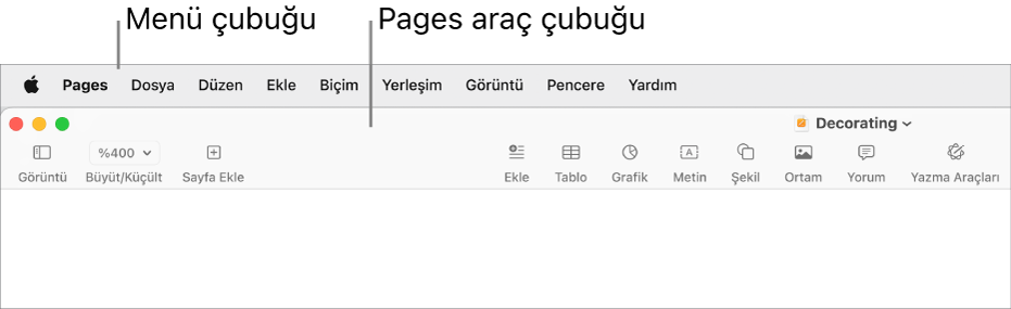 Elma menüsü, Pages, Dosya, Düzen, Ekle, Biçim, Yerleştirme, Görüntü, Paylaş, Pencere ve Yardım menüleriyle ekranın en üstündeki menü çubuğu. Menü çubuğunun altındaki açık bir Pages belgesinin en üstünde bulunan araç çubuğunda Görüntü, Büyüt/Küçült, Sayfa Ekle, Ekle, Tablo, Grafik, Metin, Şekil, Ortamlar ve Yorum düğmeleri var.