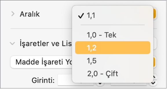 Tek, Çift ve diğer seçenekleri olan Aralık açılır menüsü.