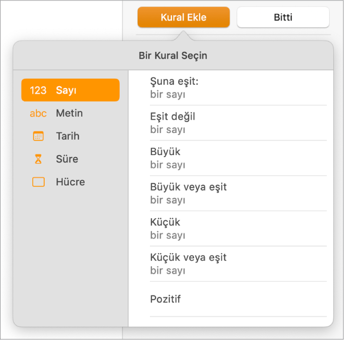 Kuralları vurgulayan koşulu hücre yaratma düğmeleri.