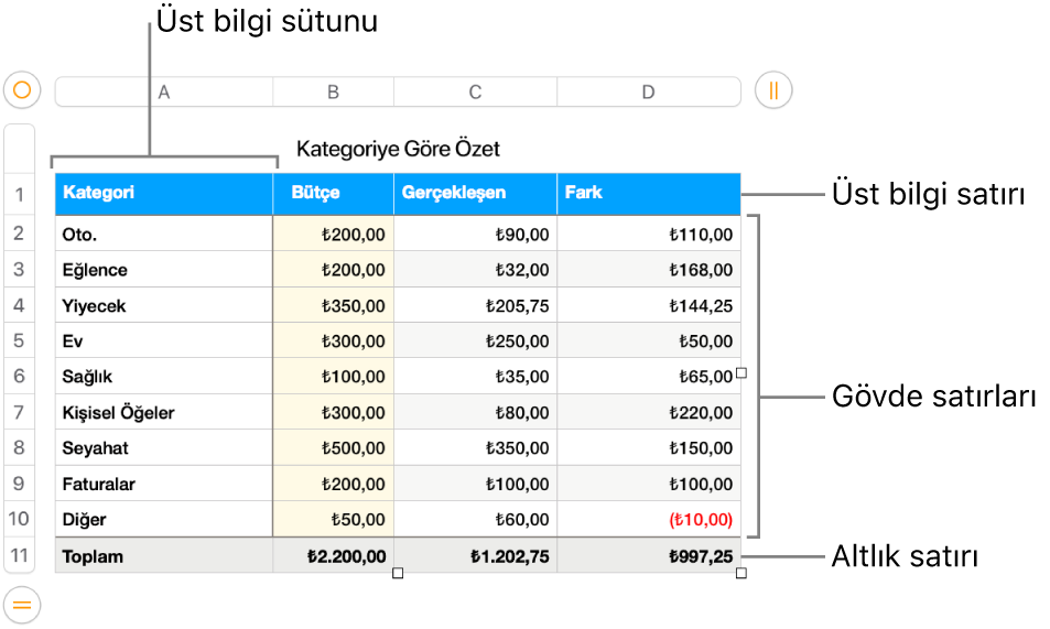 Üst bilgi, gövde ve dipnot satırlarını ve sütunlarını gösteren bir tablo.