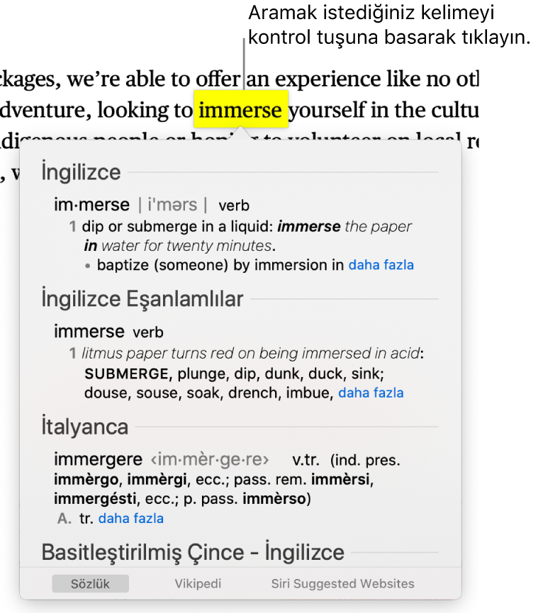 Vurgulanan bir sözcük ile tanımının ve eşanlamlılar sözlüğü girişinin gösterildiği pencerenin yer aldığı bir paragraf. Pencerenin en altındaki düğmeler sözlüğe, Wikipedia’ya ve Siri tarafından önerilen web sitelerine bağlantı sunar.