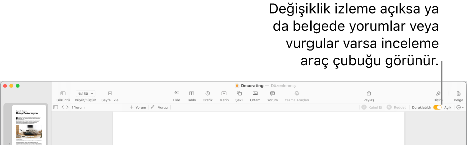 Değişiklik izleme açık hâlde Pages araç çubuğu ve Pages araç çubuğunun altında gözden geçirme araç çubuğu.