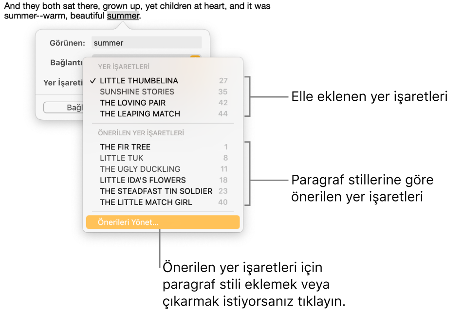 Elle eklenmiş yer işaretleri en üstte ve onların altında önerilen yer işaretleriyle yer işareti listesi. Önerileri Yönet seçeneği en alttadır.