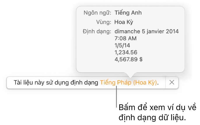 Thông báo về cài đặt ngôn ngữ và vùng khác, đang hiển thị các ví dụ về định dạng trong ngôn ngữ và vùng đó.