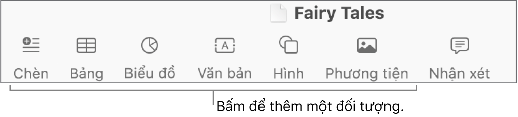 Thanh công cụ Pages với các nút Chèn, Bảng, Biểu đồ, Văn bản, Hình và Phương tiện.