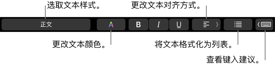 MacBook Pro 触控栏，包含的控制可用于选取文本样式、更改文本颜色、更改文本对齐方式、将文本格式化为列表以及显示键入建议。