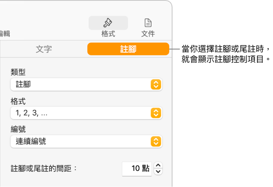 「註腳」面板，顯示「類型」、「格式」、「編號」的彈出式選單，以及註解間的空間。