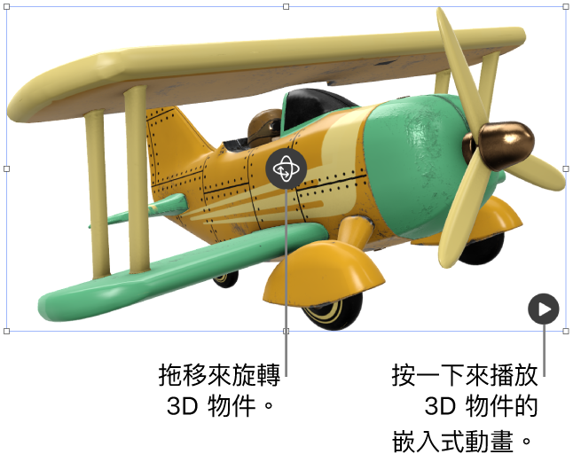 3D 物件的中間有「旋轉」按鈕，而「播放」按鈕則位於右下角。