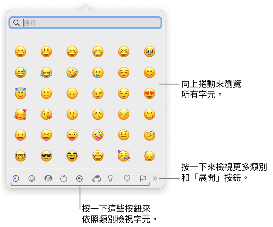 「字元檢視器」顯示表情符號，底部顯示不同類別的符號之按鈕，以及用來顯示更多類別的按鈕和「展開」按鈕。