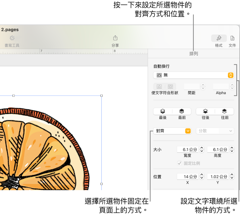 顯示「排列」側邊欄的「格式」選單。「排列」側邊欄的最上方為「物件放置方式」設定，下方為「文字環繞」設定。