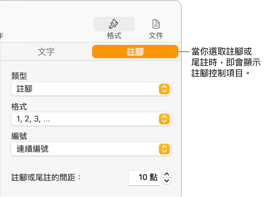 「註腳」面板，顯示「類型」、「格式」、「編號」的彈出式選單，以及註解間的空間。