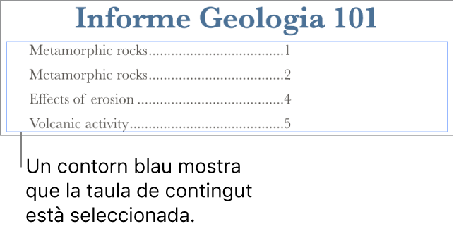 Una taula de contingut inserida en un document. Entrades que mostren les capçaleres amb els seus números de pàgina.
