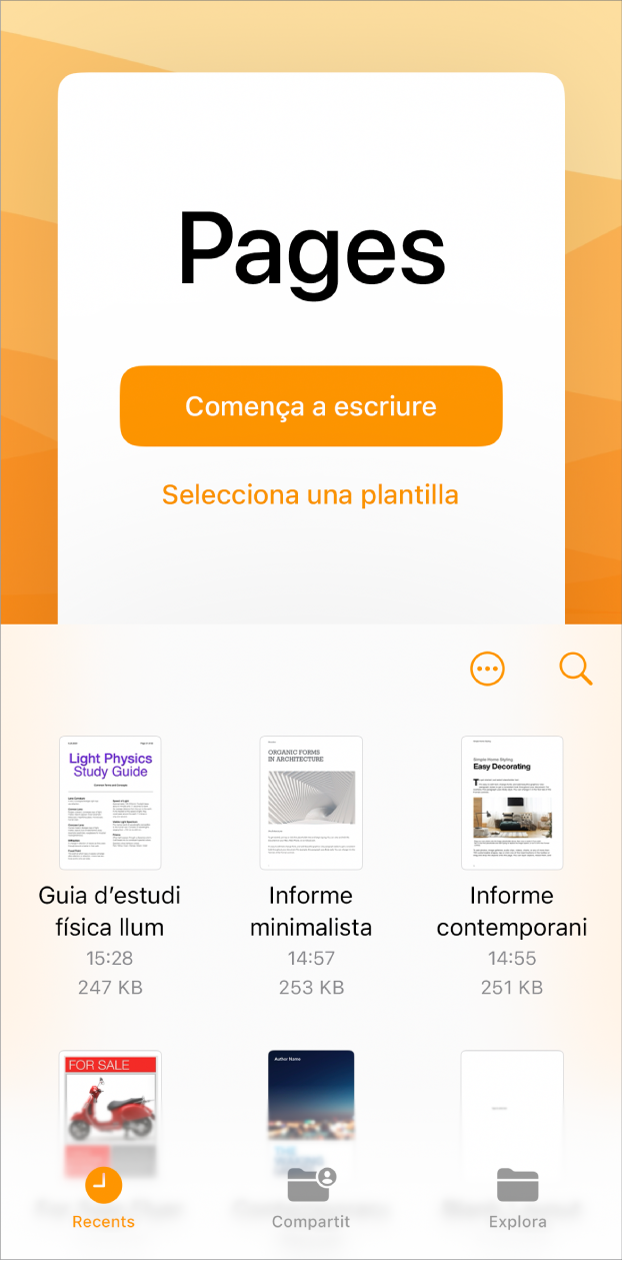 Pantalla de benvinguda del Pages amb opcions per començar a escriure i seleccionar una plantilla a la part superior i, a la part inferior, els documents recents.