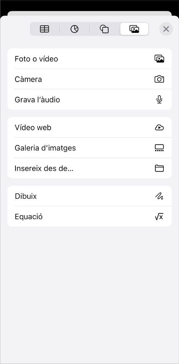 Es mostra el menú “Afegeix contingut multimèdia”.