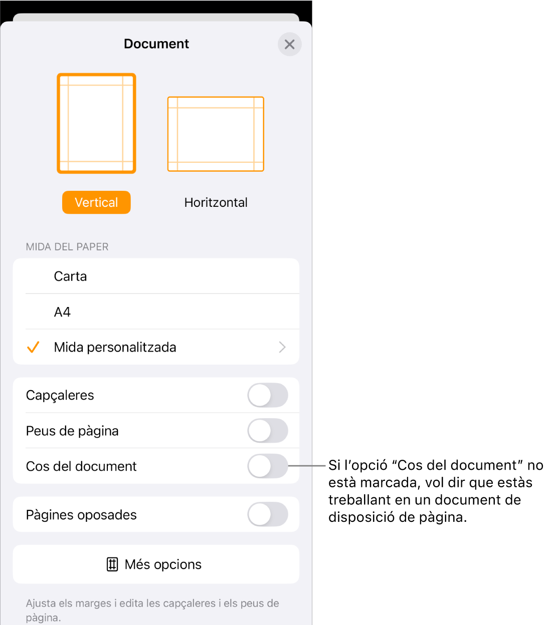 Configuració del document oberta amb l’opció “Cos del document” desmarcada en un document de disposició de pàgina.