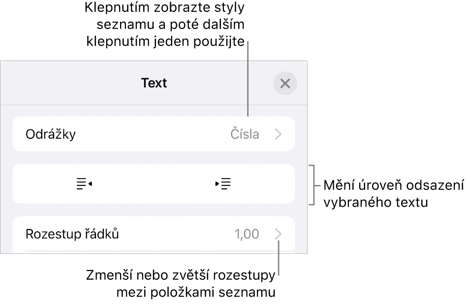 Oddíl Odrážky a seznamy na panelu Formát s připojenými popisky pro ovládací prvky Odrážky a seznamy, pro tlačítka zvýšení a snížení úrovně odsazení a pro ovládací prvky řádkování.