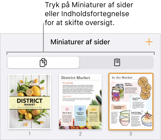 Oversigten Miniaturer af sider med miniaturer af hvert enkelt side. Der findes en knap til miniaturer af sider og en knap til indholdsfortegnelse nederst på skærmen.