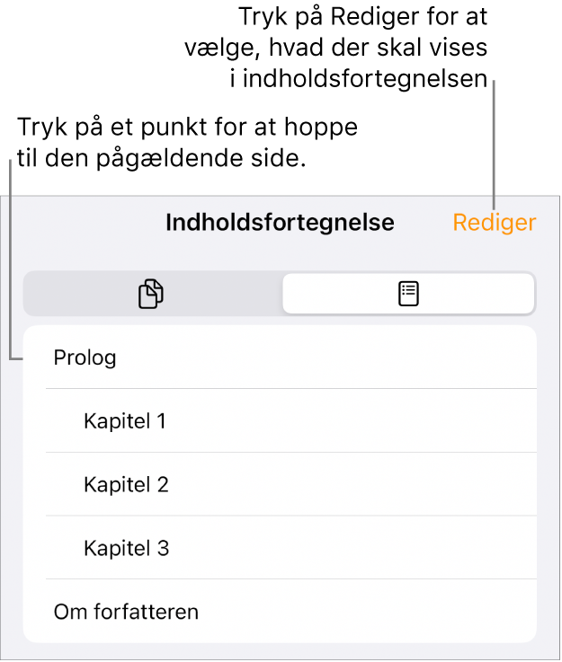 Oversigten med en liste over overskrifter i indholdsfortegnelsen. Øverst til højre findes knappen Rediger, og nederst findes knapperne Miniaturer af sider og Indholdsfortegnelse.