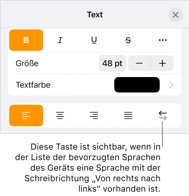 Die Textsteuerelemente im Menü „Format“ mit einer Beschreibung der Taste „Von rechts nach links“