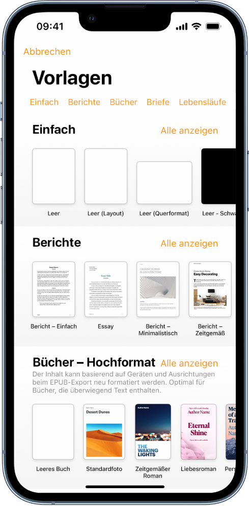 Die Vorlagenauswahl zeigt oben eine Zeile mit Kategorien, auf die du tippen kannst, um die Optionen zu filtern. Darunter befinden sich die Miniaturen der vordefinierten Vorlagen in Zeilen nach Kategorie sortiert, angefangen bei „Neu“ oben und gefolgt von „Zuletzt benutzt“ und „Einfach“. Die Taste „Alle anzeigen“ befindet sich über und rechts von jeder Kategoriezeile.