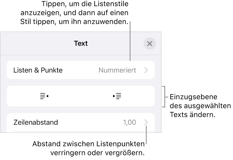 Der Abschnitt „Listen & Punkte“ der Formatsteuerungen mit Beschreibungen für „Listen & Punkte“, den Tasten „Einrücken“ und „Ausrücken“ und Steuerelemente für den Zeilenabstand.