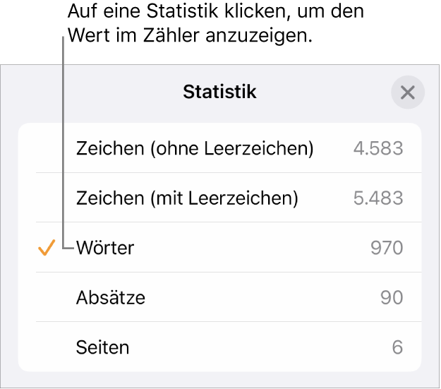 Das Menü „Statistik“ mit Optionen zum Anzeigen der Zahl der Zeichen ohne und mit Leerzeichen, der Wortanzahl, der Zahl der Absätze und der Zahl der Seiten