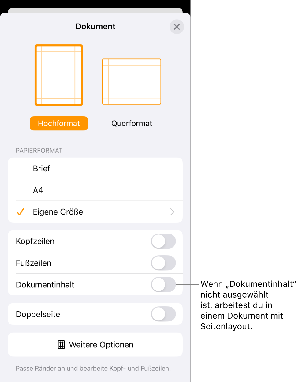 Die geöffnete Dokumentkonfiguration mit dem unmarkierten Feld „Dokumentinhalt“ in einem Seitenlayoutdokument.