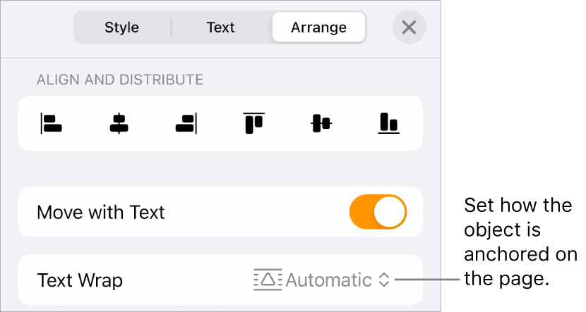 The Arrange controls with Move with Text and Text Wrap.