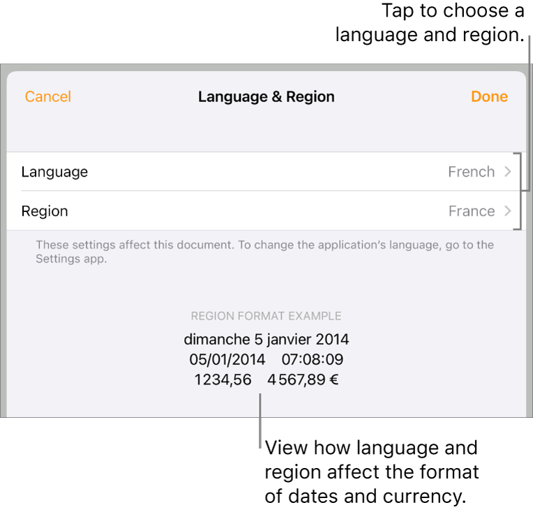 Language and Region pane with controls for language and region, and a format example including date, time, decimal and currency.