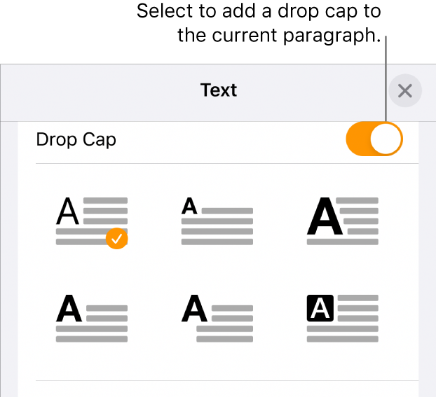 The Drop Cap controls located in the Text menu.