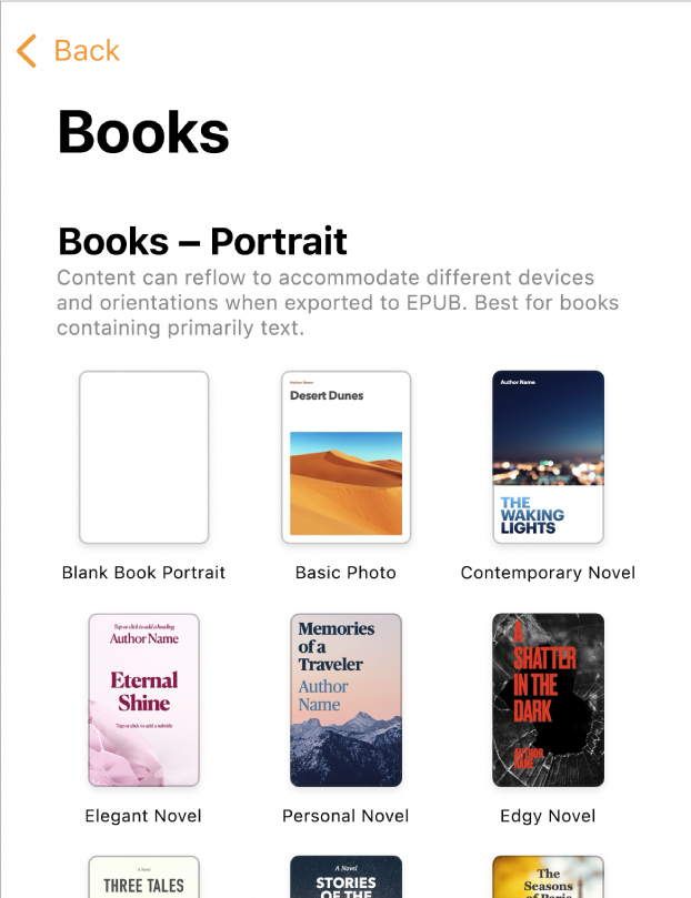 The template chooser with book templates in portrait orientation at the top and landscape orientation below.